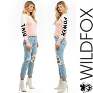 WILDFOX PINK GIRL POWER LOU INTARSIA-KNIT SWEATER EUC